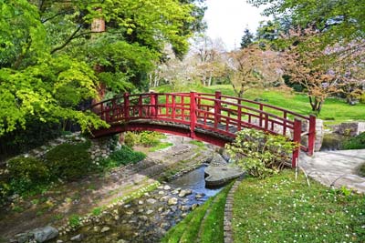 Photo d'un pont rouge de style japonais traversant une étroite rivière.